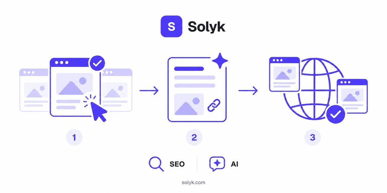 Les trois étapes de Solyk : choisir une page, générer l’article, le publier sur les sites du réseau — pour le référencement SEO et les réponses des IA